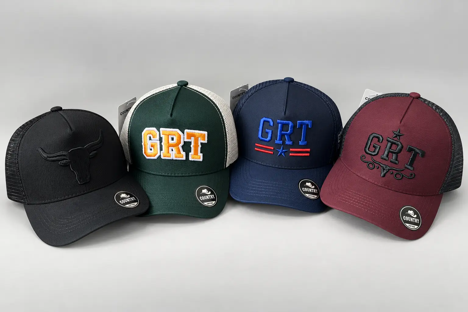 Coleção de bonés personalizados GRT em diferentes cores e aplicações na frente