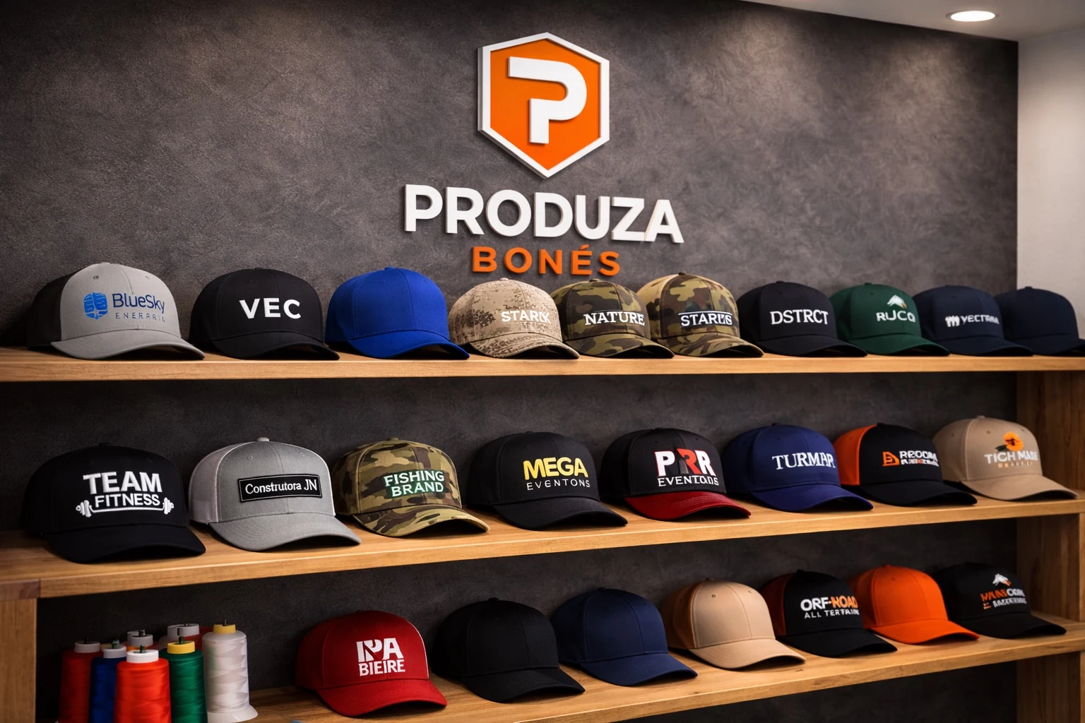 Composição visual com bonés de diferentes cores e personalizações em prateleiras Produza